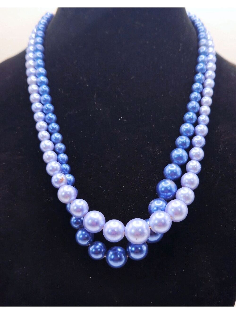 Vintage Double Strand Blue Faux Pearl Necklace Graduated Beads Hook Clasp